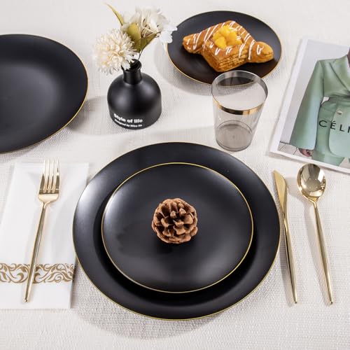 EI 350Pcs Black and Gold Matte Frosted Plastic Plates Disposable Heavy Duty,Dinnerware Set for Party Include 100 Disposable Plates,150 Silverware,50 Napkins,50 Cups for Party/Wedding/Events,Hotel - color: Black and Gold Plastic Plates Dinnerware