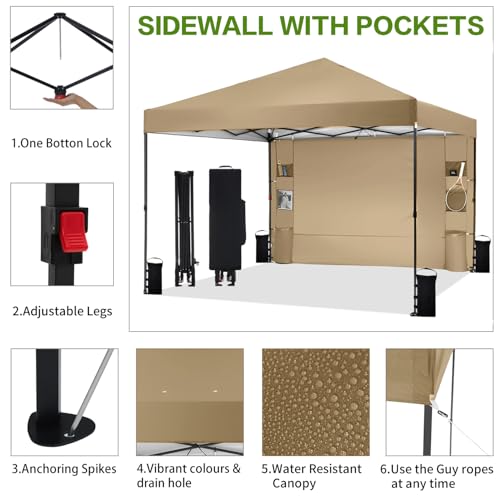 Tunbne 12'x12' Pop Up Canopy Tent with 1 Sidewall and 6 Pockets, One Push Setup, Instant Shade Tent with Vented Roof for Beach Patio Outdoor, Case, 8 Stakes, 4 Ropes, 4 Sandbags(Khaki, 12x12) - color: Khaki, size: 12x12