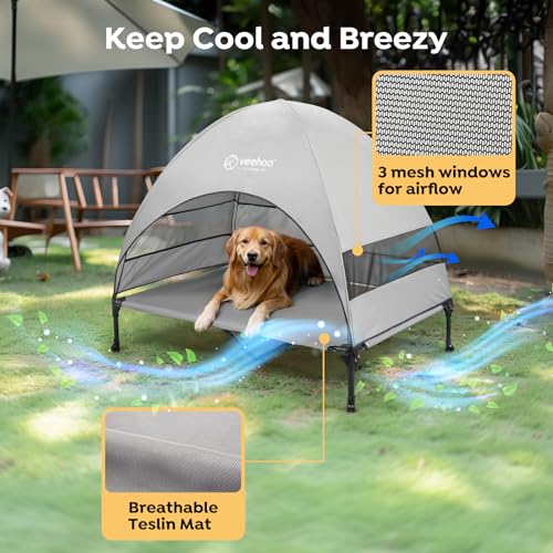 Veehoo Outdoor Dog Bed with Canopy, Cooling Elevated Pet Cot with Removable Shade, Non-Slip Feet, Raised Dog Cot for Large Dogs, Pet Tent Bed for Camping, Beach, XLarge, Grey, CWC2411 - color: Grey, size: 49.0"l X 33.0"w X 42.5"th