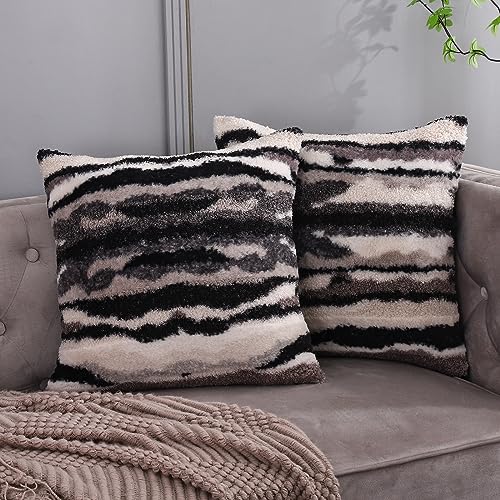 Black White Fluffy Throw Pillow Covers 18x18 Faux Fur Boucle Decorative Accent Cushion Cases Sherpa Neutral Fuzzy Plush Indoor Winter Decorations Home Decor for Couch Livingroom Bed Sofa, Set of 2 - color: Black, size: 18" x 18" (Pack of 2)