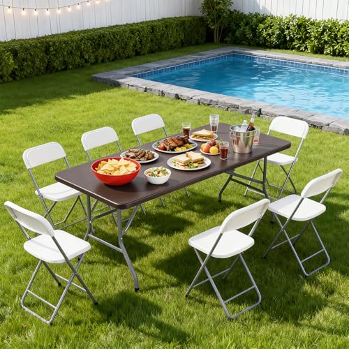 BestOffice 6 FT Picnic Table, Portable Plastic Folding Table with Carrying Handle Perfect for Picnics, Parties, Party and Camping, Brown - color: Brown, size: 6 FT 70"x28"