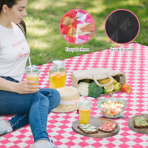 Nuanchu Checkered Picnic Blanket Extra Large Outdoor Blanket Sandproof 80"x80" Waterproof Portable Machine Washable 3 Layer Thick Gingham Picnic Mat for Beach Camping Park Grass Travel(Bright Pink) - color: Bright Pink
