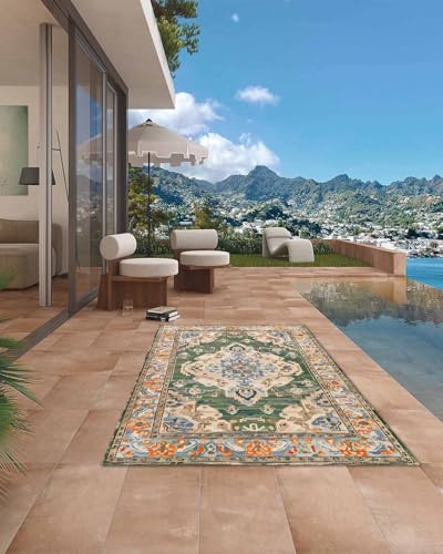 6x9 Large Area Rug Green Orange Flowers Waterproof Outdoor Patio Rug for Camping RV, Boho Ethnic Style Indoor Outdoor Carpet,Washable Outdoor Mat for Porch/Deck/Backyard/Balcony/Living Room - size: 6' x 9' (Rectangular)