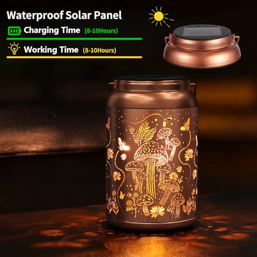 Solar Lanterns Outdoor Waterproof Bee Mushroom Decoration Gifts for Women Mon Grandma Hanging Solar Lights for Outside Metal LED Lanterns for Yard, Patio, Garden Decor - style: Mushroom