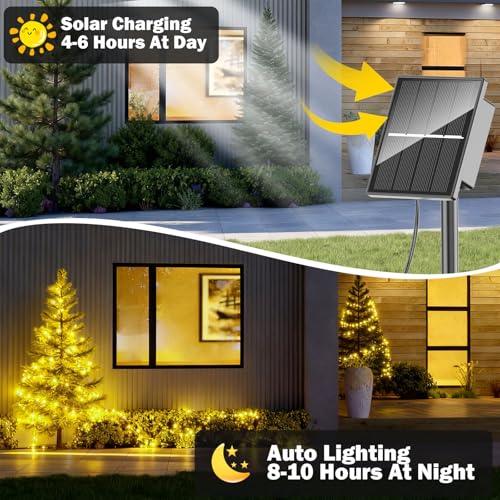 SOLARBABY 4 Pack Solar Christmas Lights Outdoor,Total 146Ft 400 LED Solar String Lights Outdoor with 8 Modes,Waterproof Warm White Fairy Light for Outside Garden Patio Xmas Tree Christmas Decoration - color: Warm White, size: 100LED*4