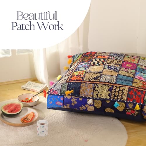 THE ART BOX Cotton Patchwork Vintage Boho Embroidered Floor Pillows & Cushion Cover Dog Pouf Seating Pouf Meditation Pillow Pet Bedding Cat Bed Boho Home Décor (35x35 Inches, Cover Only) - color: Blue