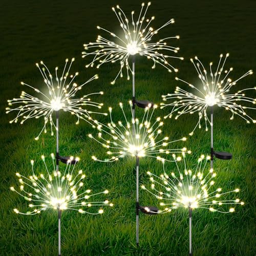 FOOING 6 Pcs Solar Garden Lights Solar Firework Lights, 200 LED String Light 2 Modes Twinkling Nightlight for Outside, Wedding, Party,Patio Home Deceration (Warm White) - style: 6 pcs-200