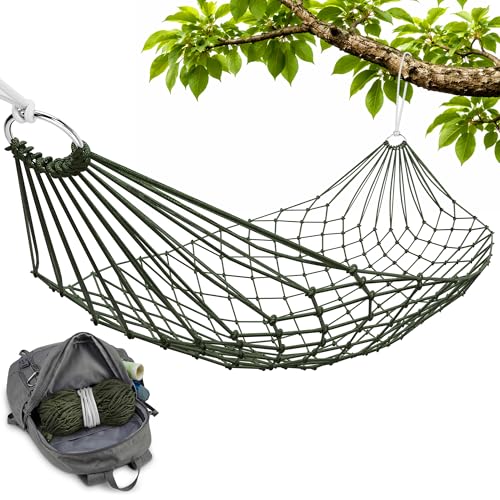 Mesh Hammock - Easy to Set Up Rope Hammocks for Outside, Dark Green Color, 90x31.5 Nylon Net Hammock, Max 100 KG (220 Pounds), Tree Hammocks for Outside, Camping & Patio Relaxation