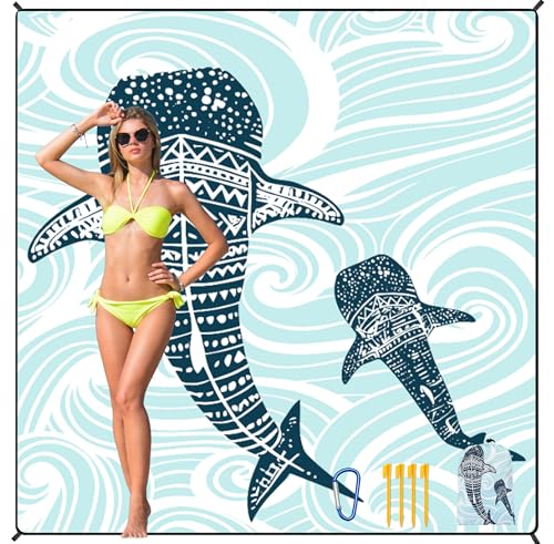 HIHOHO Beach Blanket Waterproof Sandproof Beach Mat 79”x 83” for 1-8 Adults Quick Drying Durable Outdoor Picnic Mat for Beach Festival Travel Camping Hiking (Whale, 79"×83"(4 Person)) - color: Bl-whale, size: 6'11" x 6'7"