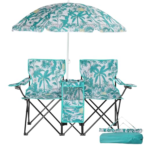 Double Folding Camping Chair W/Umbrella Fold Up Table Beverage Holder Carrying Bag Cooler for Patio Pool Park Outdoor Beach, Picnic, Portable (Pineapple) - color: Pineapple