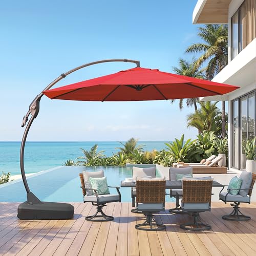 Grand patio 12FT Outdoor Cantilever Umbrella Large Round Aluminum Offset Umbrella with Base for Garden Deck Patio (Red, 12 FT) - color: Red, size: 12 FT