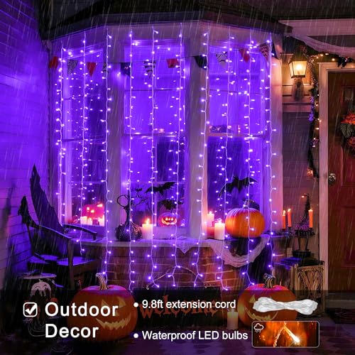 JMEXSUSS 300LED Purple Christmas Lights with Remote, Curtain Hanging Light Plug in, 8 Modes Purple String Lights for Bedroom Window Wall Party Backdrop Halloween Christmas Carnival Decorations - color: Purple, size: 300 LED