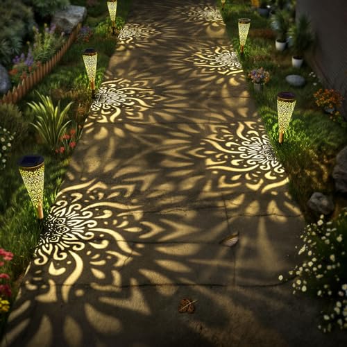 6 Pack Solar Lights Outdoor Garden Decorative Mandala Solar Garden Lights with Warm Light Waterproof Solar Pathway Landscape Lights for Path Backyard Walkway Yard Decor, Gardening Gifts for Women - color: Gold