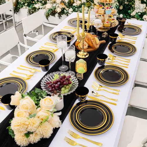 WELLIFE 300 PCS Black and Gold Dinnerware Set for 50 Guests, Disposable Plastic Plates for Party, Gold rimmed Plastic Dinner Plates,Salad Plates,Cups,Silverware Set for Halloween Party Supplies - color: Black/Gold, size: 50 Guests
