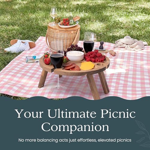 Portable Wine Picnic Table with 4 Wine Glasses Holder, Acacia Natural Wood Foldable Champagne Picnic Snack Table Tray, Perfect for Beach, Camping, Park, Concerts - Ideal Wine Gift for Men & Women