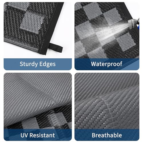Outdoor Rug 9x12 Waterproof Reversible Patio Rug Geometric Outdoor Carpet with Stakes & Carry Bag, Fade-Proof & Weather Resistant RV Mat for Garden Backyard Balcony Camping Black Grey - color: Border1|black Grey, size: 9' x 12' (Rectangular)