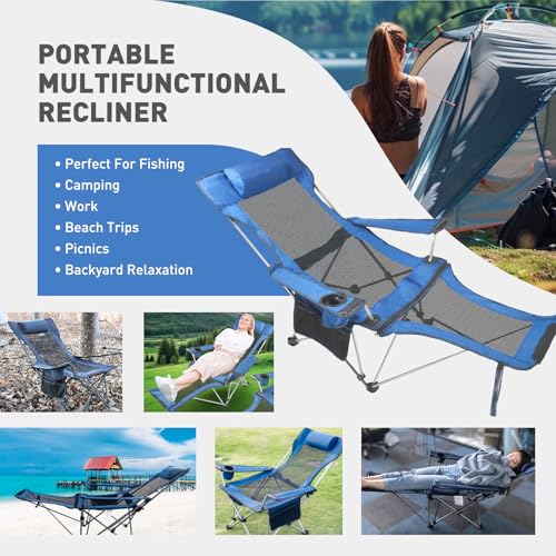 Reclining Folding Camping Chair with Removabel Footrest, Adjustable Folde Camping Chair with Foot Rest, Camp Lounge Outdoor Beach Chair, Mesh Reclining Design, with Pillow Cup Holder, Blue Mesh - color: Blue Mesh