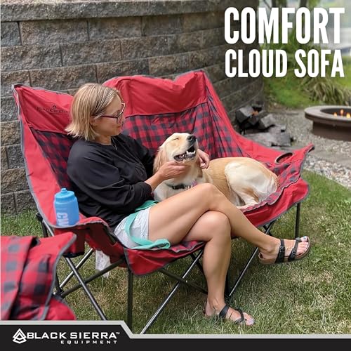 Black Sierra Double Loveseat Comfort Camping Couch, Oversized Folding Chair for Adults, 600‑lb Capacity, Plush Padded Heavy Duty Outdoor Seat with Cup Holders & Carry Bag for Beach, RV - color: Red