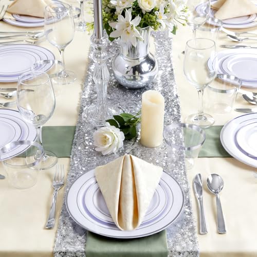 GATHER 176 Pieces Silver Plates - Disposable Silver Plastic Plates Includes 50 Plates, 75 Silverware, 25 Napkins, 25 Silver Rimmed Cups and 1 Tablecloth Perfect for Party & Weding - color: Silver, size: 25 Guests