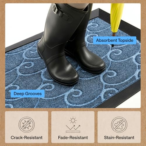 GORILLA GRIP 100% Waterproof All-Season WeatherMAX Doormat 35x23, US Designed Natural Rubber, Stain and Fade Resistant, Low Profile Indoor Outdoor Door Mats, Easy Clean Patio Mat, Ocean Blue Waves - color: Ocean Blue Waves, size: 35" X 23"