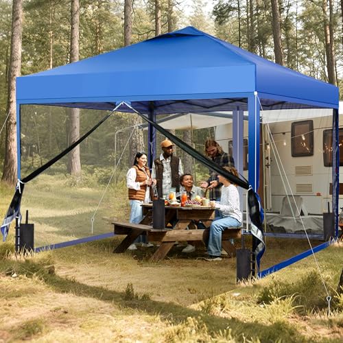 GDY 10x10 Pop up Canopy Tent with Mosquito Netting, Easy up Gazebo for Patio, Camping and Garden, Includes 4 Sandbags, Blue - color: Blue, size: 10x10 with Mosquito Netting