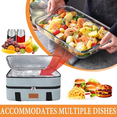 Double Decker Insulated Casserole Carrier for Hot or Cold Food, Food Warmer Bag for Potluck Parties/Picnic/Cookouts, Fits 9"x13" Baking Dish, Leak Proof Travel Food Containers, Durable Nylon, Grey - color: grey-2