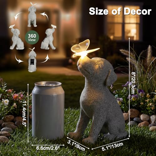 Lyeasw Dog Solar Statues with Butterfly - Waterproof Gray Dog Garden Decor for Patio, Yard, Porch- Cute Puppy Figurines with Solar LED Lights for Outdoor Decor, Pet Memorial Gift - color: Dog With Butterfly