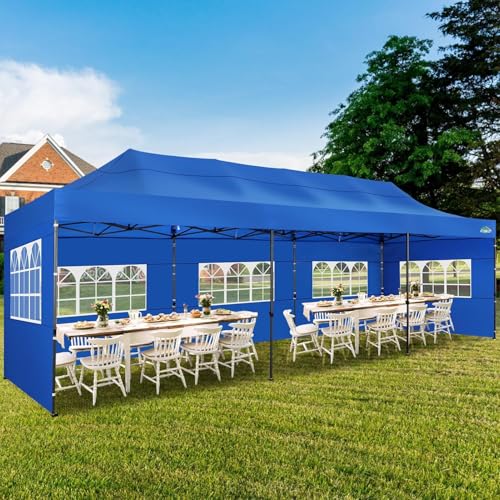 COBIZI 10x30 Heavy Duty Pop up Canopy with 8 sidewalls Party Tent for Parties Weddings Events UPF 50+ Waterproof Commercial Gazebo with Roller Bag, Blue(Frame Thickened) - color: Blue, size: 10x30 With 8 Sidewalls