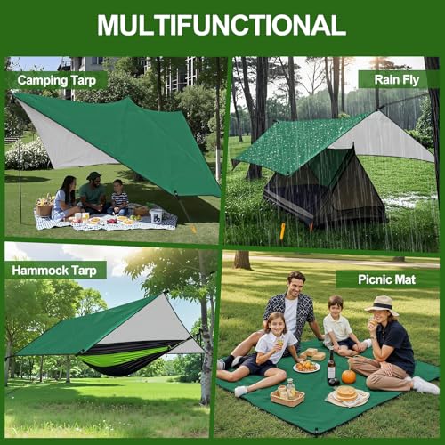 Rhino Valley Waterproof Tent Tarp, 9.8 × 9.8 Ft Large Outdoor Shelter Cover with Light Strings, Lightweight Portable Tarp Shelter Rain Tarp Camping Canopy for Hiking Traveling Backpacking - color: Dark Green