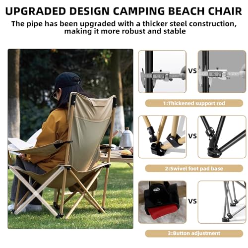 Reclining Camping Chair with Footrest, 4-Position Adjustable Back Folding Lounge Chair for Adult | Heavy-Duty Beach Chairs with Cup Holder & Carry Bag for Beach, Camping, Backyard, Fishing - color: Yellow