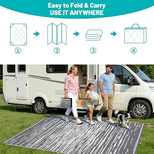 HEBE Outdoor Rug 6'x9' Waterproof, Reversible Plastic Straw Patio Rug Camping Mat, Indoor Outdoor Area Rug Carpet for Patios, Deck, Porch, RV, Camping, Picnic, Balcony - color: Stripe/Grey, size: 6' x 9' (Rectangular)