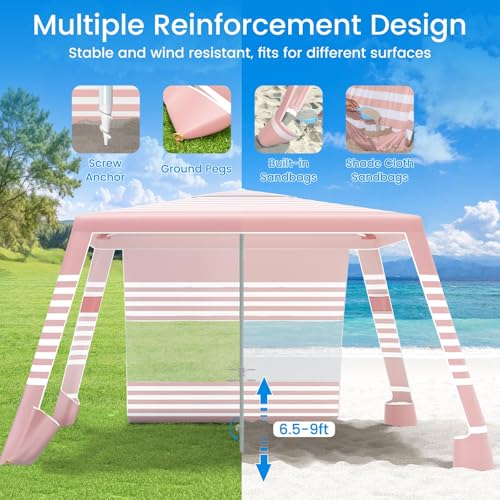 MoKo Beach Cabana, 8'×8' Large Beach Canopy with Side Wall, UPF 50+ Protection Easy Setup Beach Tent Sun Shelter, Adjustable Height Wind Resistant Cabana Beach Tent for Whole Family, Pink Stripe - color: Pink Stripe