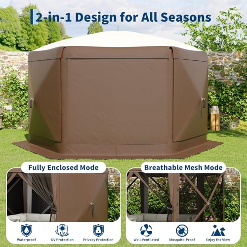 GarveeLife 11.5x11.5FT 6-Sided Pop Up Gazebo Tent，One-Push Setup Canopy Tent with Mesh Panels & Removable Wind Cloths, Outdoor shelter for Camping, Backyard Parties, Outdoor Events - Beige & Khaki - color: Beige & Khaki, size: Traditional Top - 11.5ft