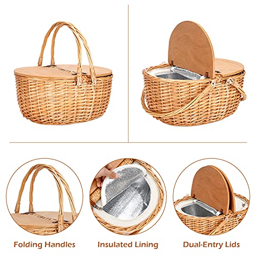Wicker Picnic Basket with Cooler, Wooden Split Lid Picnic Basket, Vintage-Style Wicker Picnic Hamper with Folding Woven Handle for Picnic, Camping, Outdoor, Valentine Day, Thanks Giving, Birthday - color: White W/Cooler