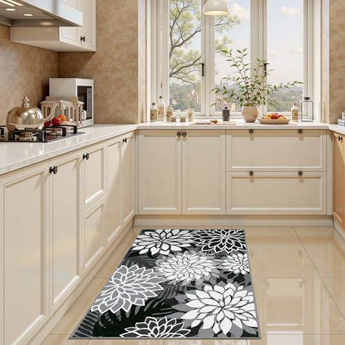 Arenarug 2x3 Washable Small Rug Tropical Botanical Modern Floral Indoor Chenille Door Mat Carpet Non Slip for Patio, Entry Way, Entrance, Porch, Black - color: Black White, size: 2' x 3' (Rectangular)