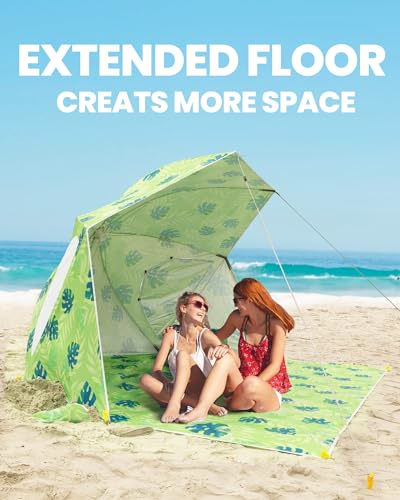 OutdoorMaster Pop Up Beach Umbrella, Portable Beach Tent Shelter, Beach Shade Sun Canopy with UPF 50+ UV Protection, Extendable Floor with Carrying Bag - color: Yellow Leaf-a