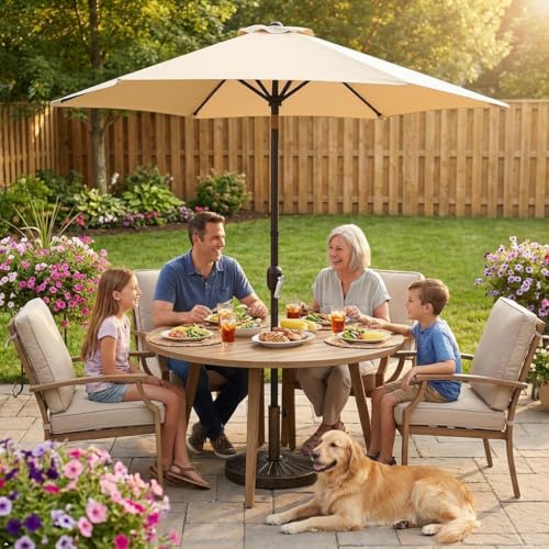 Yaheetech 10FT Patio Umbrella Outdoor with Heavy Duty Base Included,Table Umbrella with Push Button Tilt and Crank, UV Protection Waterproof for Yard/Outdoor/Wedding Parties and Events - Tan - color: Tan, size: 10FT