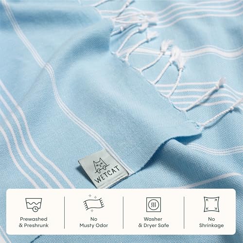 WETCAT Turkish Beach Towel Oversized (38"x71") 100% Turkish Cotton, Made in Turkey - Sand Free, Extra Large, Ultra Soft, Quick Drying, Compact & Lightweight for Travel - Light Blue - color: Light Blue, size: Beach Towel (38" x 71")
