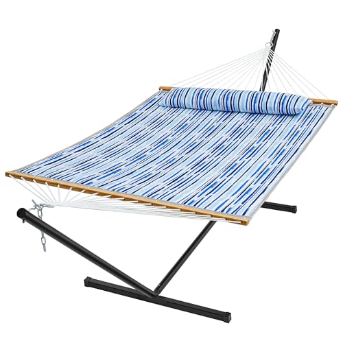 SUPERJARE Hammock with Stand, 2 Person Quilted Outdoor Hammock, Detachable Pillow & Bamboo Spreaders, Portable Hammock with Carrying Bag, Heavy Duty Stand, Perfect for Outside, Patio, Graffiti Blue - color: Graffiti Blue, size: 55.1"W × 74.8''D × 43.3''H