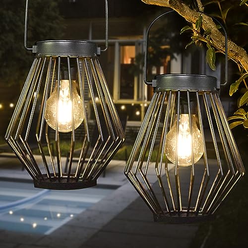 Solar Lanterns Outdoor Waterproof, 2 Pack Metal Decorative Hanging Lantern Lights with Warm White LED Bulb, Solar Powered Patio, Yard & Garden Decor, Ideal for Housewarming & Christmas Gifts