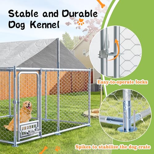 Grepatio Outside Dog Kennel with 2 Rotating Feeder Bowls, 7.5'x7.5' Outdoor Dog Kennel with Waterproof, Dog Enclosure for Large Dogs, Dogs Kennels Run Dog Playpen Fence with Secure Lock (7.5x7.5 FT) - size: 7.5x7.5 FT