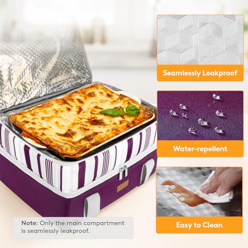 LUNCIA Insulated Double Decker Casserole Carrier, Lasagna Lugger Tote Keeps Food Hot or Cold, Thermal Lunch Bag for Potluck Parties, Picnic and Cookouts, Fits 9" x 13" Baking Dish, Purple - color: Purple, size: 15.7 X 11.4 X 8.3inch