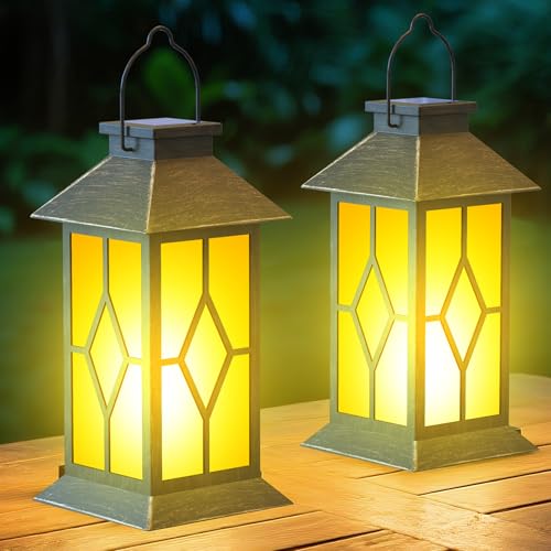 2Pack Patina 13" Metal & Glass Solar Lantern with Flickering Flame, Outdoor Waterproof Hanging Lantern for Garden Patio Yard Pathway Porch Decorative, Vintage Gifts for Mom - style: Bronze-Rhombus