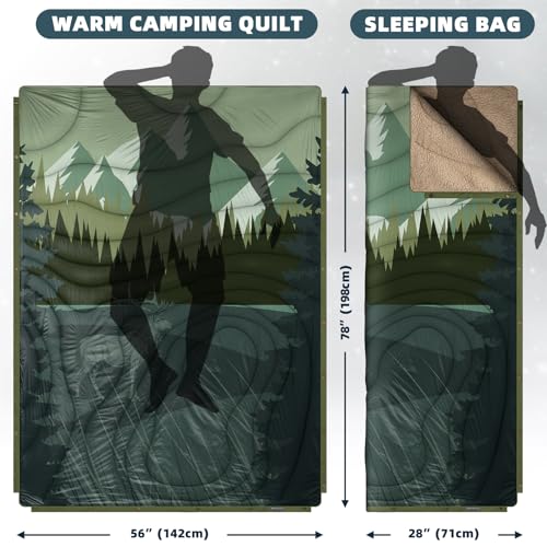 Outdoor Camping Blanket with Sherpa Lining, Extra Warm Thick Camp Blankets and Puffy Ultralight Soft Poncho DWR Camping Quilt for Cold Weather, Adventure, Sleeping, Backpacking 78"x 56" - color: Grass Green, size: 78 x 56 inches