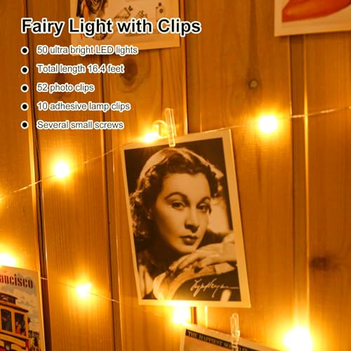HXWEIYE 50LEDs Photo String Light, Warm White 16.4Ft Battery Powered Fairy Light with 52 Clear Clips & 10 Hooks on Wall for Hanging Picture Dorm Bedroom Party - color: Warm White, size: Battery Powered-50LEDs