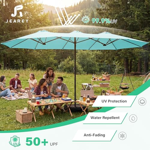 JEAREY 15ft Large Patio Umbrella with Base, Outdoor Rectangle Umbrella Double-Sided Market Umbrella with Stand for Pool, Deck, Backyard and Garden, Peacock Blue - color: Peacock Blue