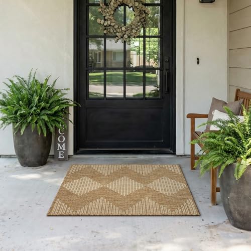 MontVoo-Polypropylene 2x3 ft Indoor Outdoor Entryway Rug Porch Rug Door Mats Rugs Small Accent, Textured Weave, Durable for High Traffic, Fade-Resistant, Non-Shedding, Boho Geometric Neutral Brown - color: Brown Beige, size: 2' x 3' (Rectangular)