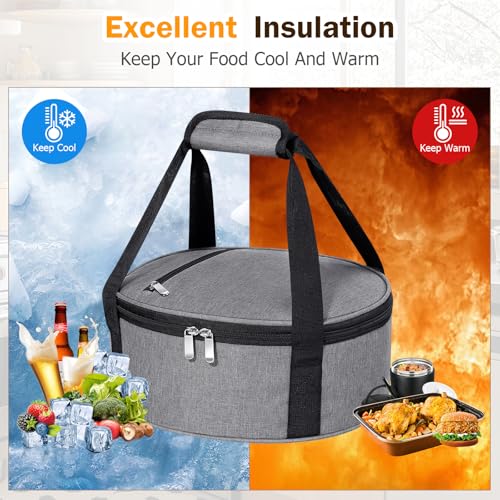 Round Insulated Casserole Carrier – 12" Portable Pie Carrier Bag for Hot or Cold Food, Leakproof Thermal Lunch Tote with Handle for Parties Picnic & Travel - Grey - color: Gray, size: Single