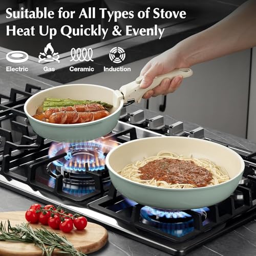 Ceramic Pots and Pans Set Non Stick Green, 8 Pcs Nonstick Cookware Set with Detachable Handle RV Camping Induction Kitchen Cookware Set Non Stick, PFAS PFOA & PTFE Free - color: Sage Green