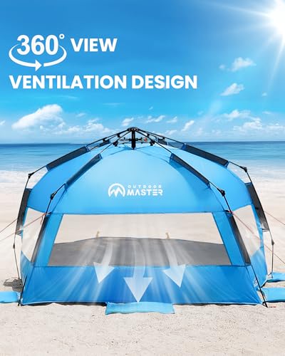 OutdoorMaster Beach Tent Sun Shelter for 3-4 Person, Pop Up Beach Tent Easy Setup with Sandbags, Portable Sun Shade Canopy with Carrying Bag for Beach & Outdoor, UPF50+ UV Protection, Family Size - color: Blue, size: X-Large